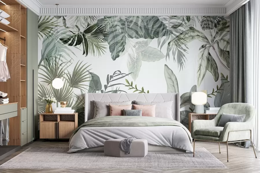 Fototapeta Przezroczyste tropikalne liście w odcieniach zieleni na białym tle w08822