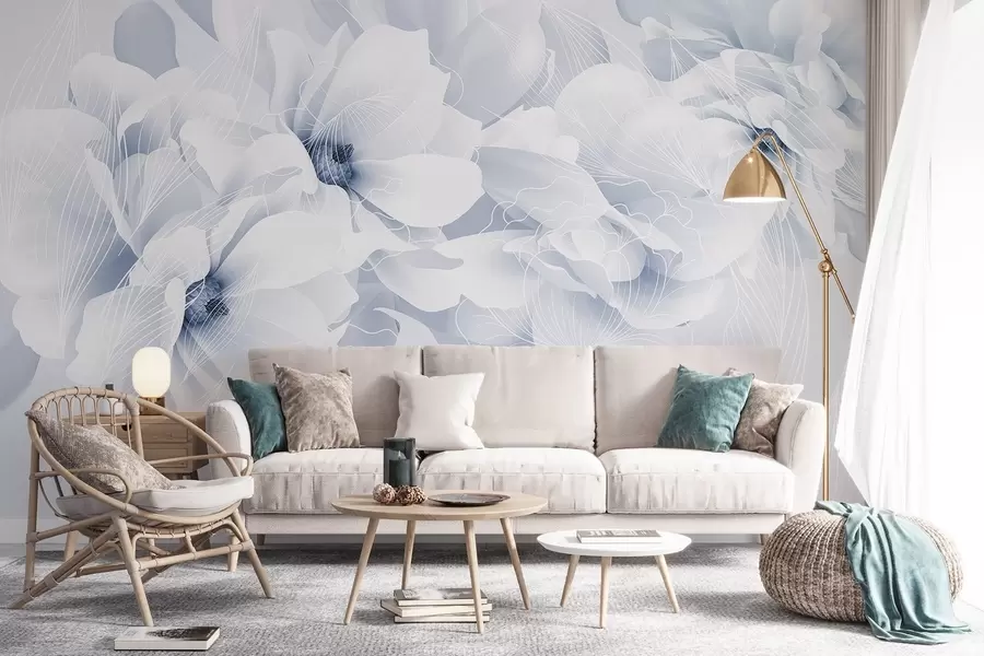 Fototapeta Pastelowe kwiaty piwonii z białymi i niebieskimi delikatnymi płatkami i białymi liniami na jasnoniebieskim tle w08826