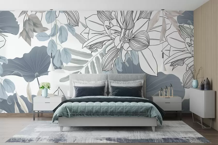 Fototapeta Kwiatowy nadruk z kwiatami lotosu i liśćmi w kolorze niebieskim i białym na białym tle w08827