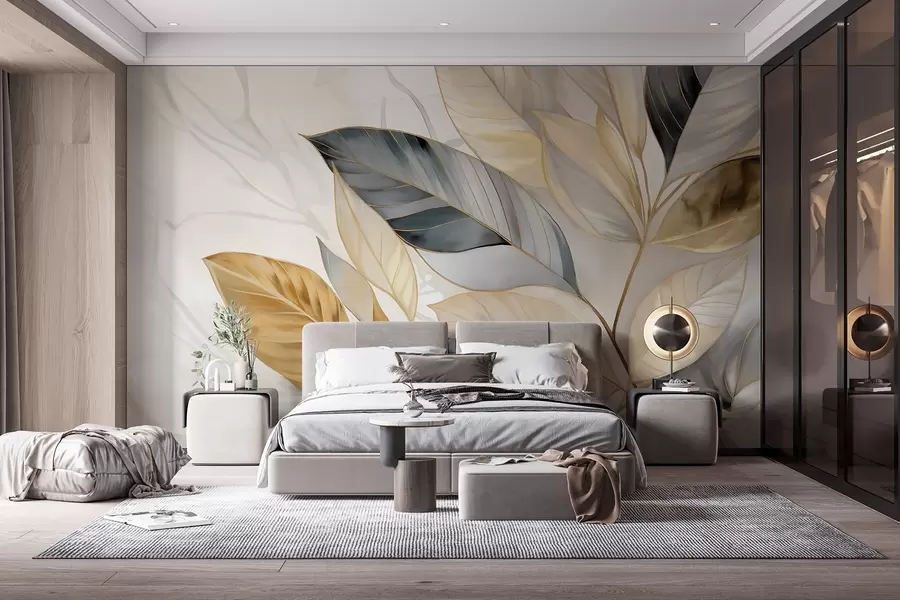 Fototapeta Żółte, szare i białe delikatne duże liście na białym abstrakcyjnym teksturowanym tle w08828