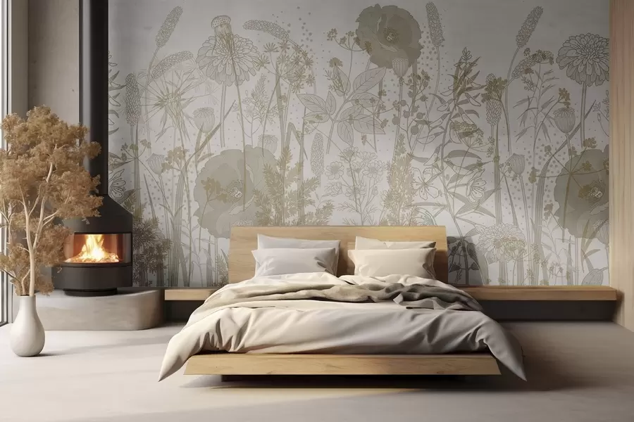 Fototapeta Pole wysokich kwiatów i trawy w jasnobeżowych pastelowych odcieniach na białym tle w08829v1