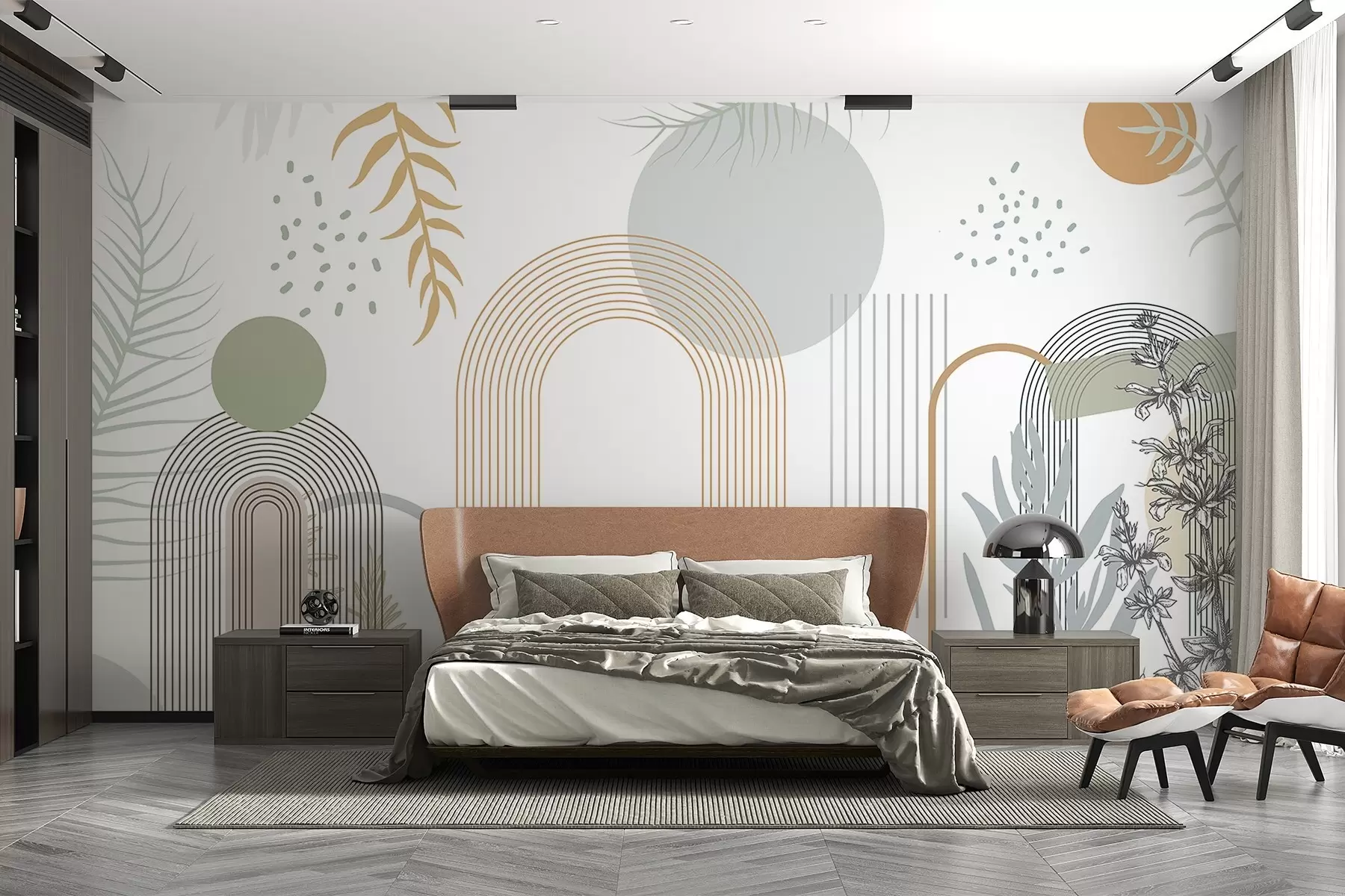 Fototapeta Abstrakcyjny nadruk z geometrycznymi kształtami, łukami i tropikalnymi liśćmi na białym tle w08835