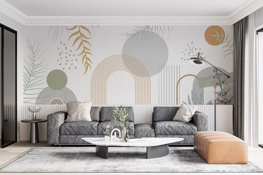 Fototapeta Abstrakcyjny nadruk z geometrycznymi kształtami, łukami i tropikalnymi liśćmi na białym tle w08835