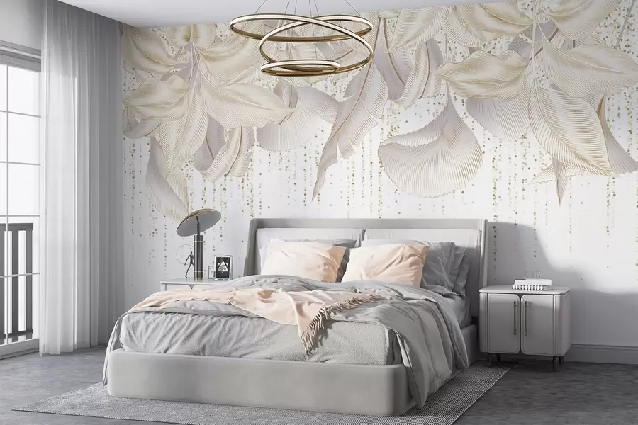 Fototapeta Białe, szczegółowe tropikalne liście i żółte kropki na białym tle w08836