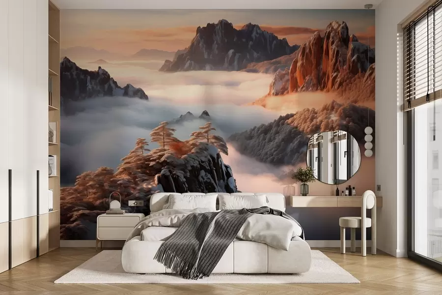 Fototapeta Uroczy górski krajobraz z mgłą i drzewami w08807