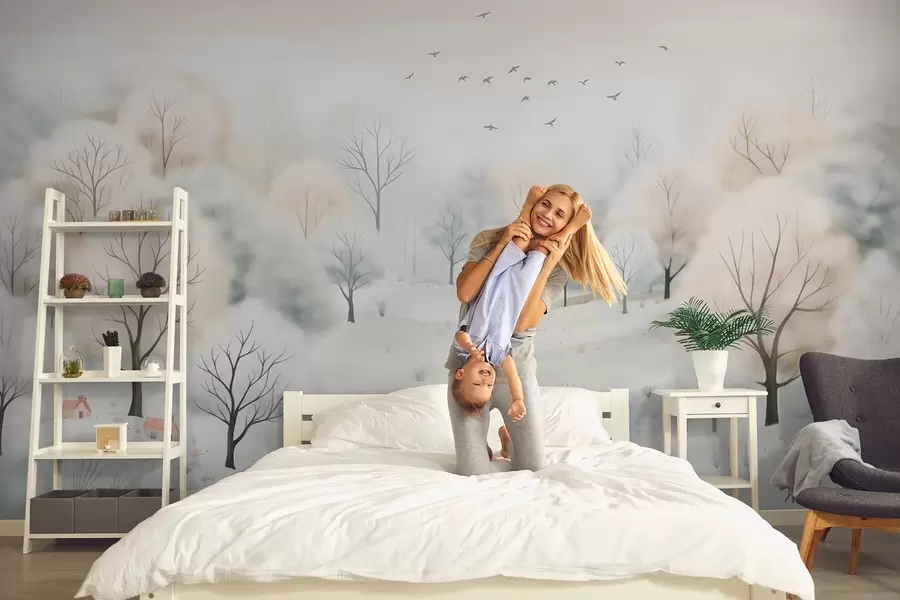 Fototapeta Zimowy las z drzewami, małymi domkami, ptakami i śniegiem w lekkim akwarelowym stylu w08815