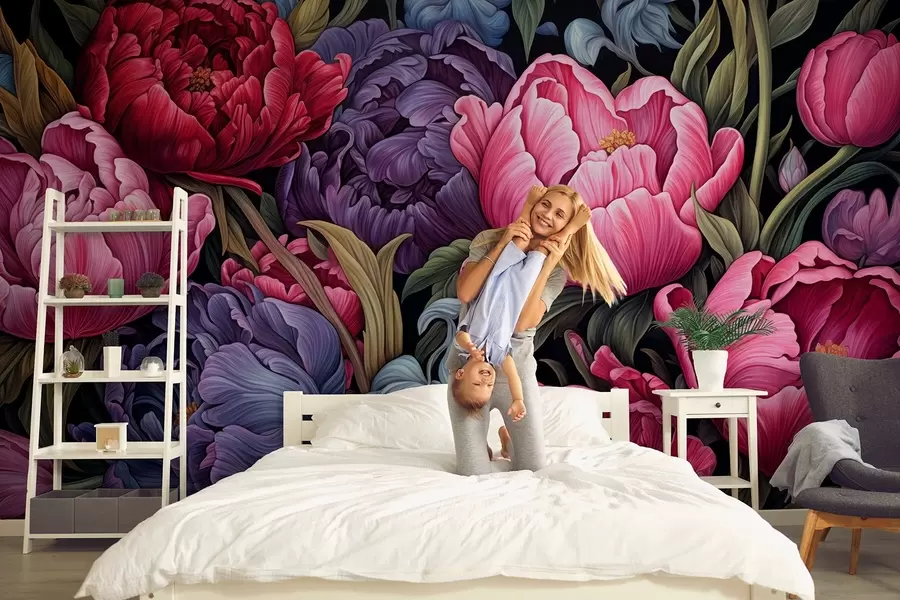 Fototapeta Tulipany i piwonie w stylu wiktoriańskim, w kolorach różowym i fioletowym w08818