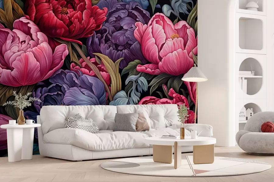 Fototapeta Tulipany i piwonie w stylu wiktoriańskim, w kolorach różowym i fioletowym w08818