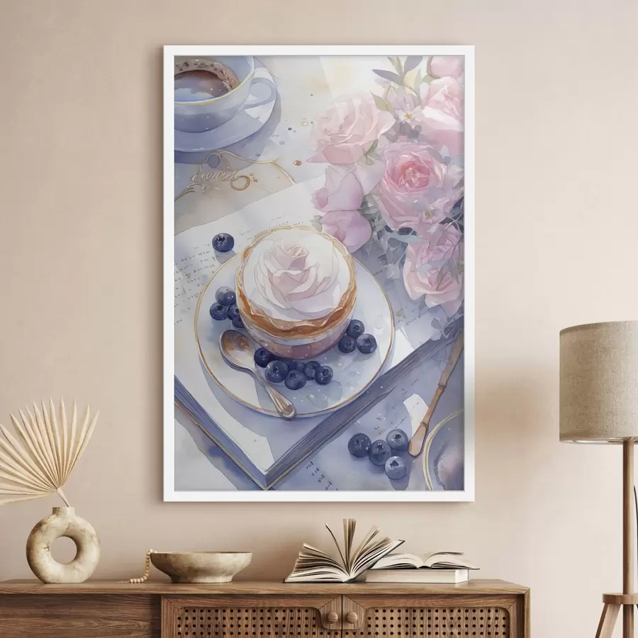 Fototapeta Babeczka z jagodami, styl boho, akwarela, różowe róże, poetycki f43053