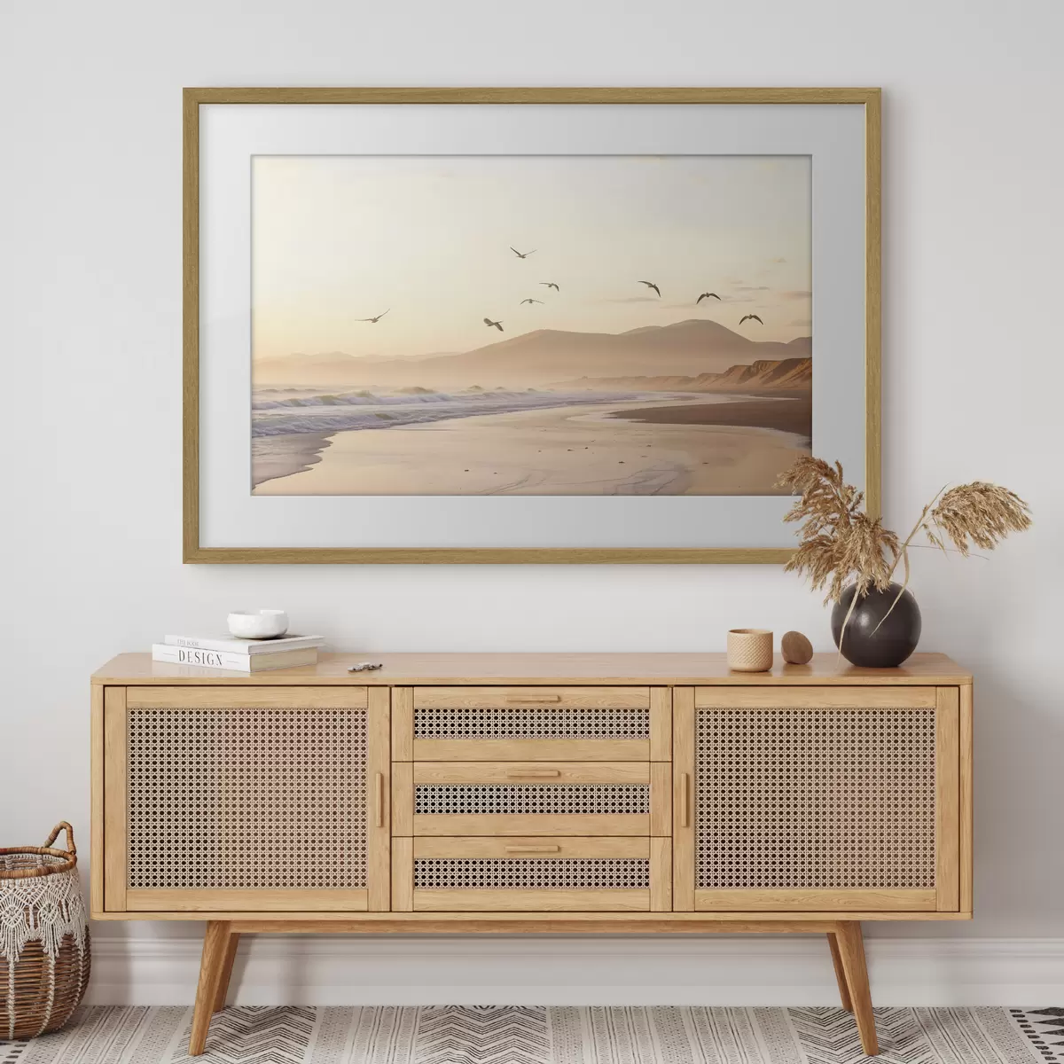 Plakat Ptaki latające nad plażą z oceanem, góry w tle, ciepłe kolory, miękka pastelowa paleta f43162