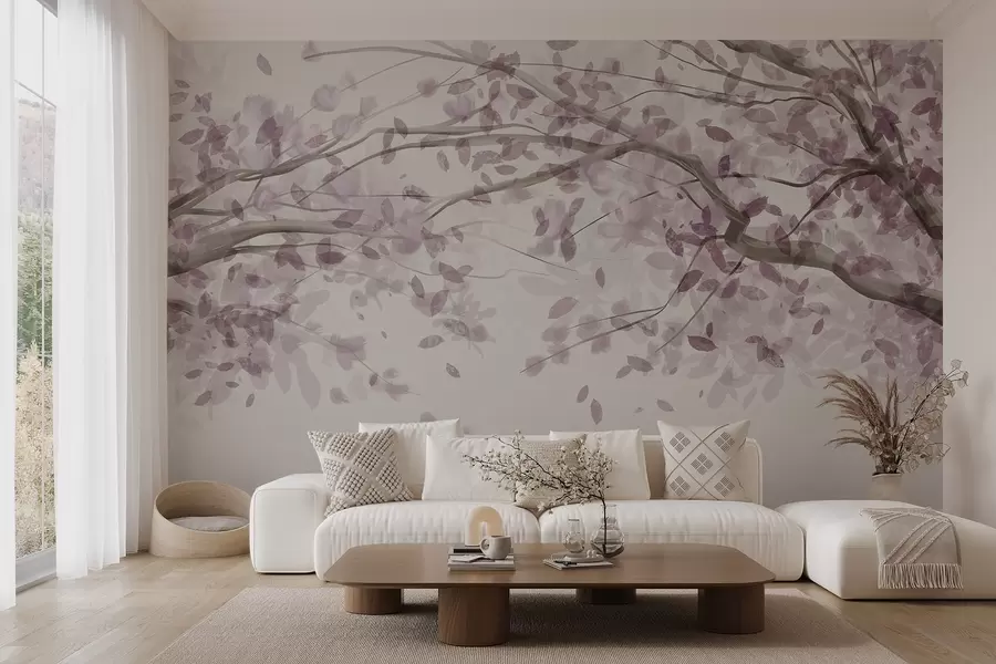 Fototapeta Gałązki kwiatów z różowymi liśćmi, miękkie kolory, delikatne detale, styl akwareli, na jasnym tle w08867