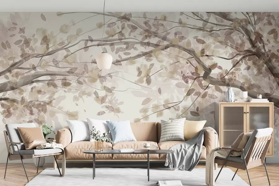 Fototapeta Gałązki kwiatów z beżowymi liśćmi, miękkie kolory, delikatne detale, styl akwareli, na jasnym tle w08867v1