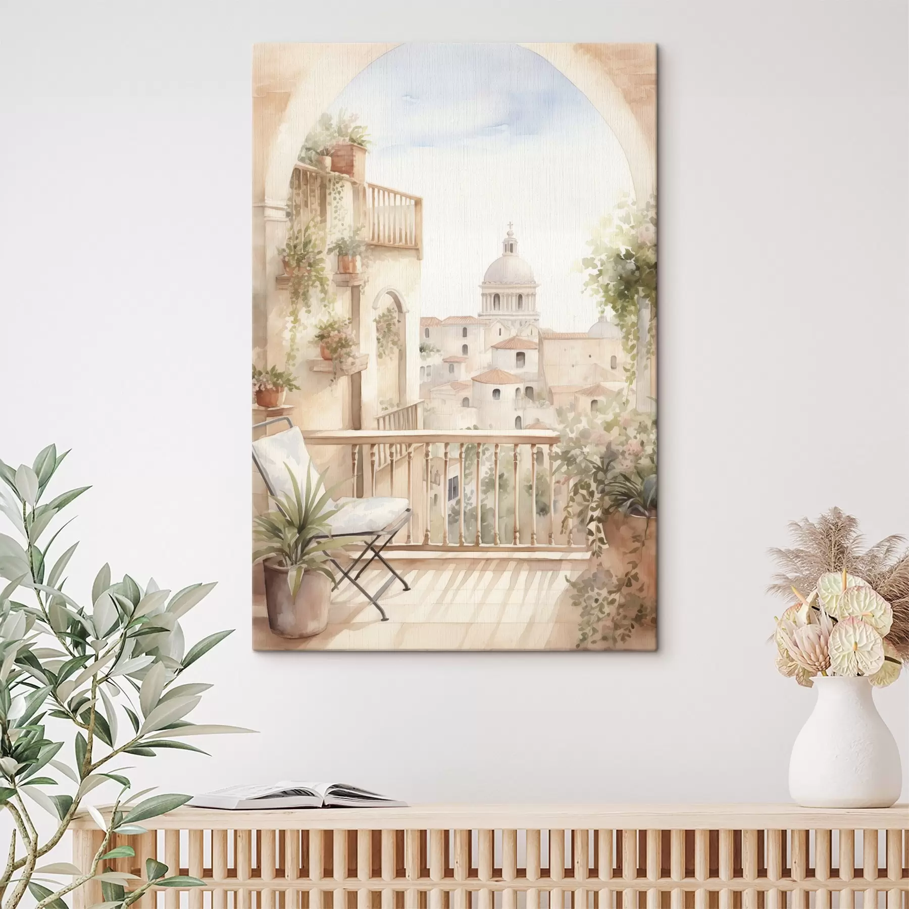 Fototapeta Estetyczny letni balkon, Hiszpania, stara architektura, blomming, styl akwareli s43180