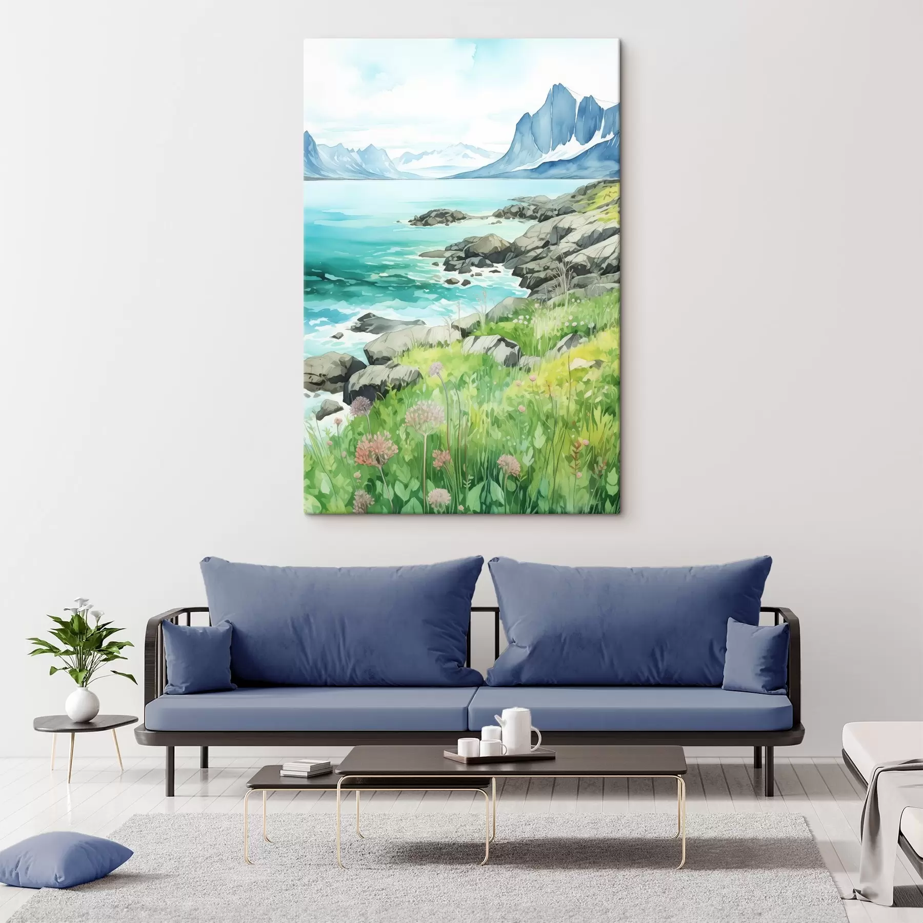Obraz Norwegia natura, fiordy, letni krajobraz, zielona trawa, góry, styl akwareli s43188