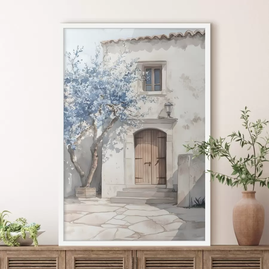 Fototapeta Grecki dom z pięknym drzewem, architektura, styl akwareli f43178
