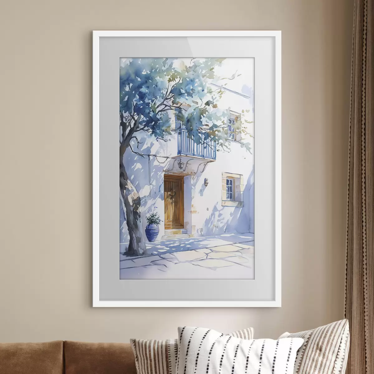 Plakat Styl akwareli, grecki dom, kwitnące drzewo, architektura f43182
