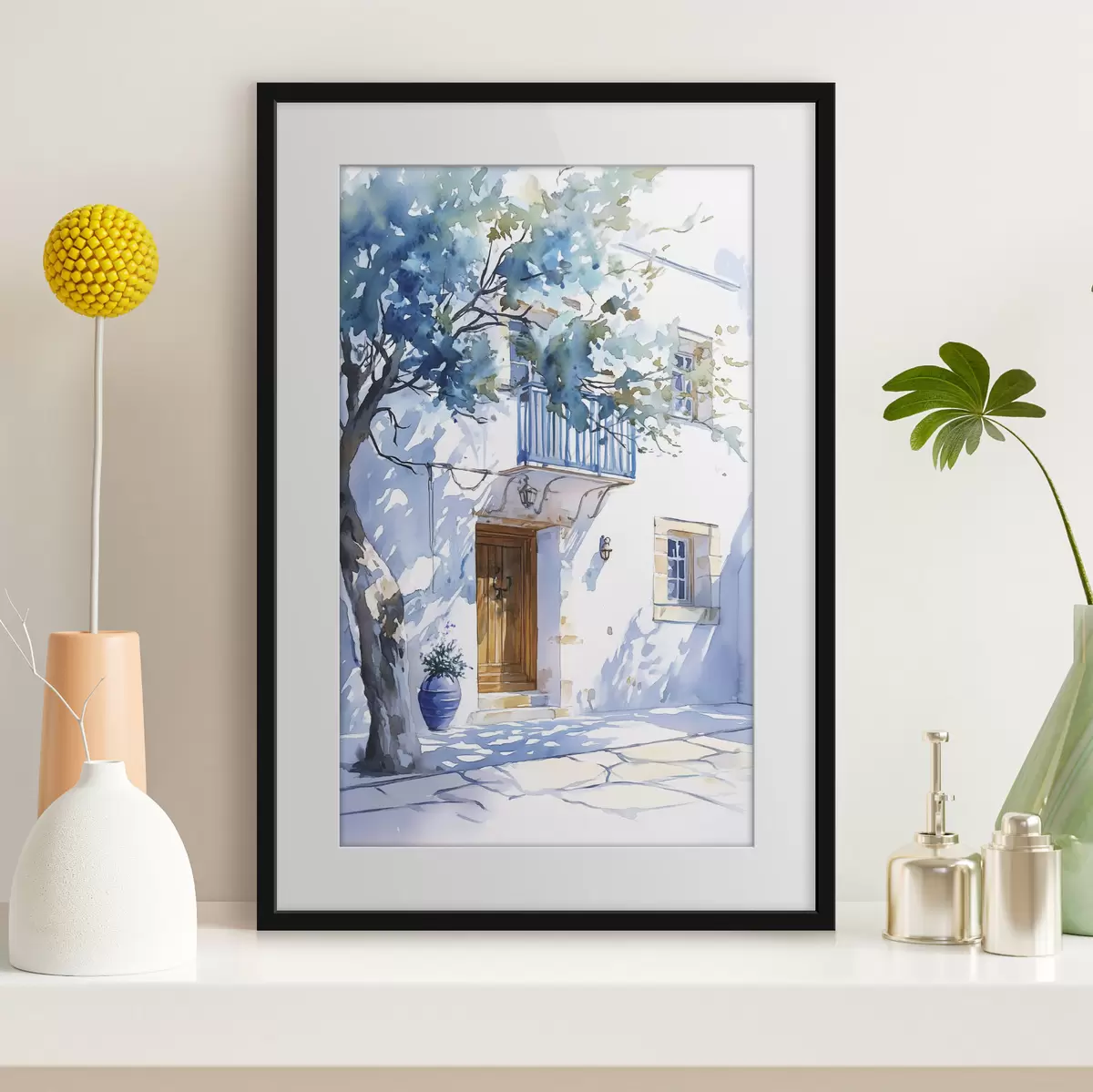 Plakat Styl akwareli, grecki dom, kwitnące drzewo, architektura f43182