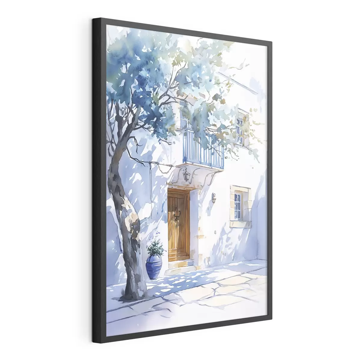 Plakat Styl akwareli, grecki dom, kwitnące drzewo, architektura f43182