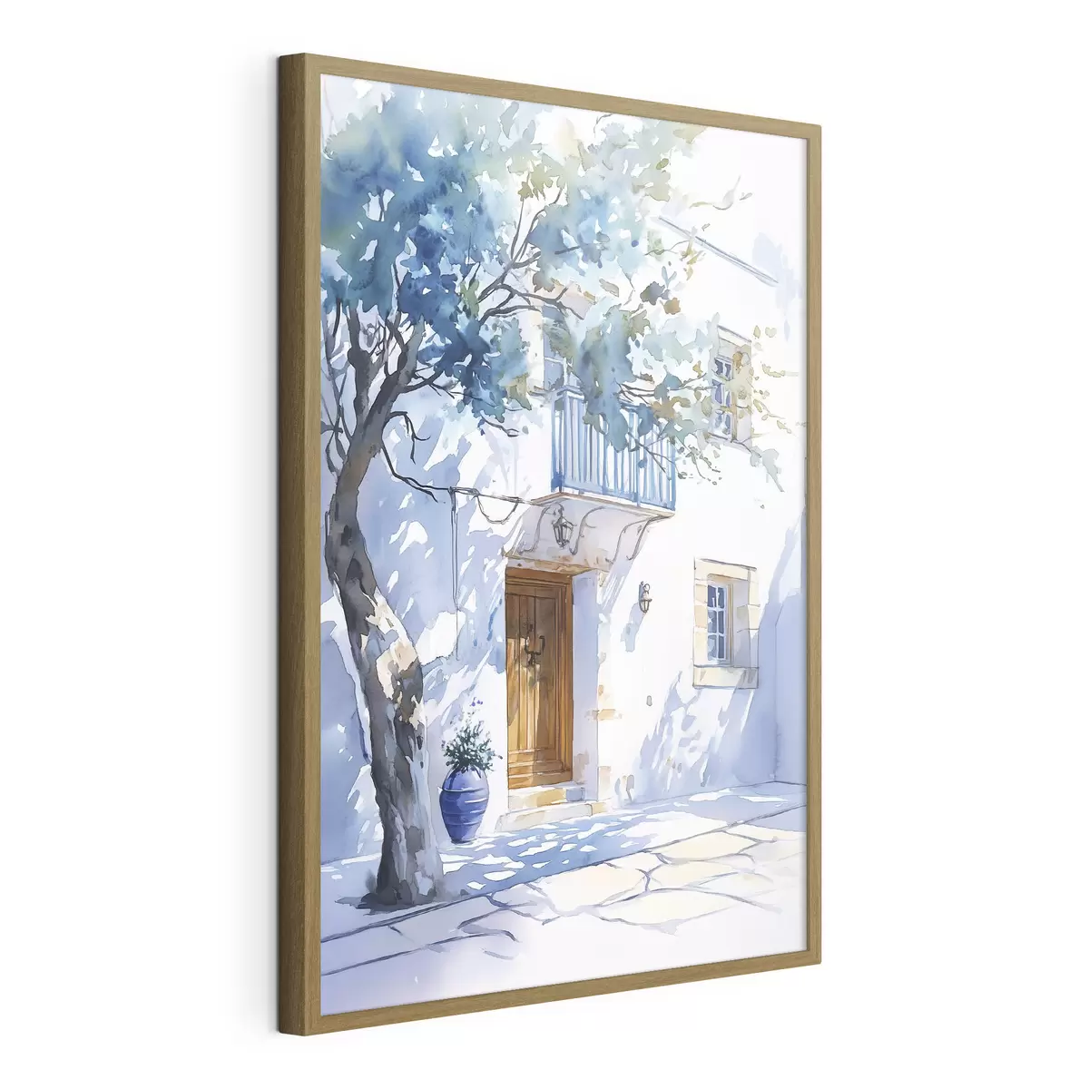 Plakat Styl akwareli, grecki dom, kwitnące drzewo, architektura f43182
