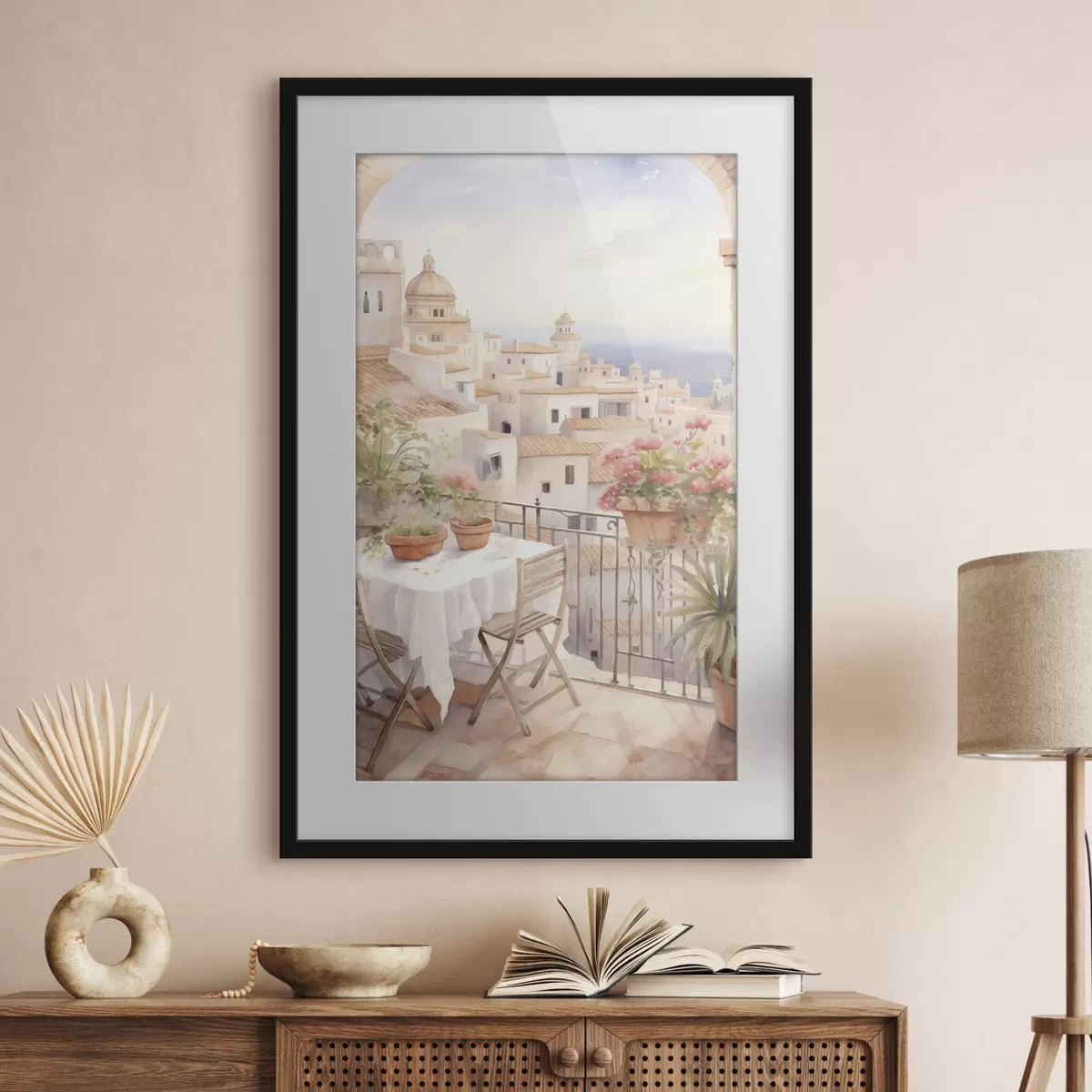 Plakat Zachód słońca na balkonie, Włochy, architektura, kwitnące kwiaty, styl akwareli f43184