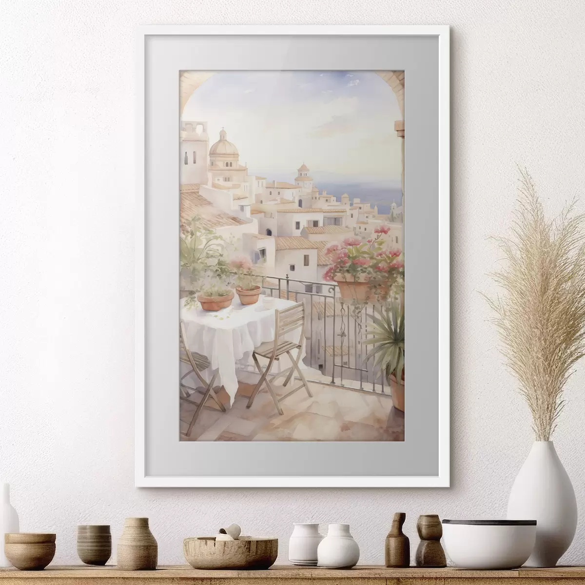 Plakat Zachód słońca na balkonie, Włochy, architektura, kwitnące kwiaty, styl akwareli f43184
