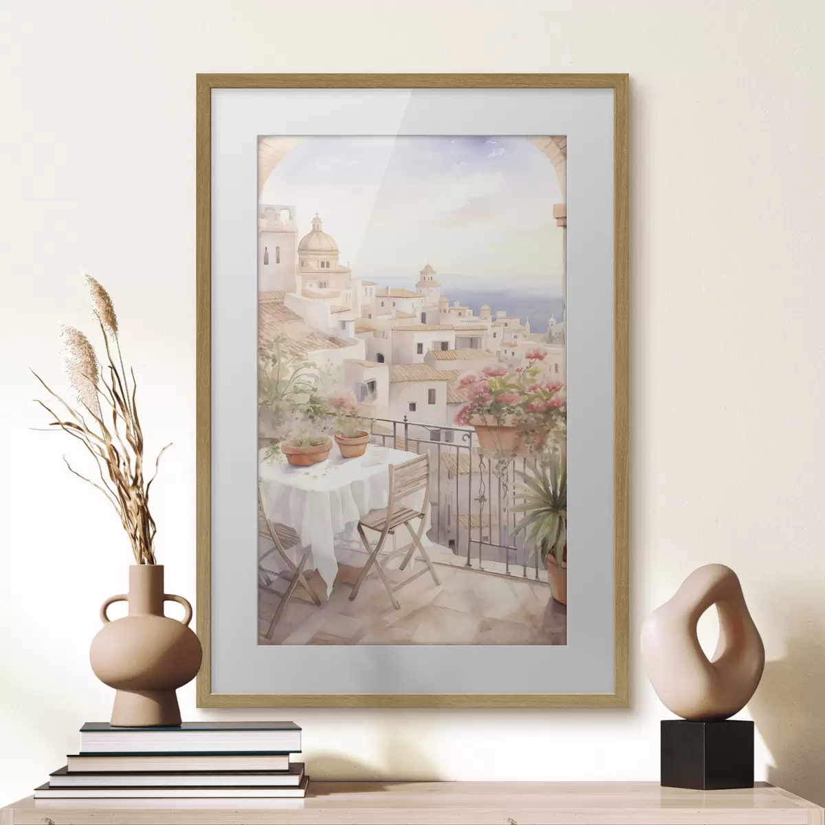Plakat Zachód słońca na balkonie, Włochy, architektura, kwitnące kwiaty, styl akwareli f43184