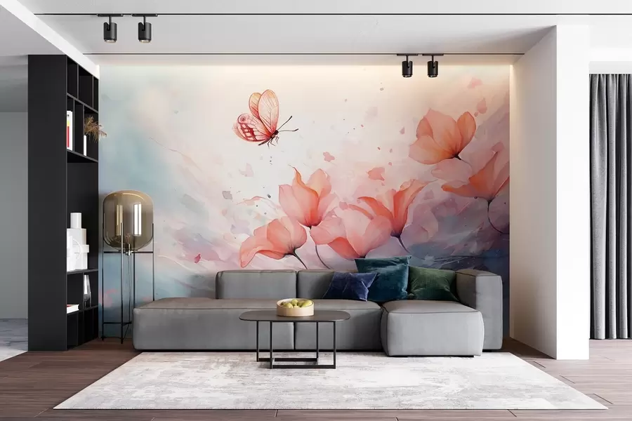 Fototapeta Delikatne maki z motylem w stylu akwareli w08849