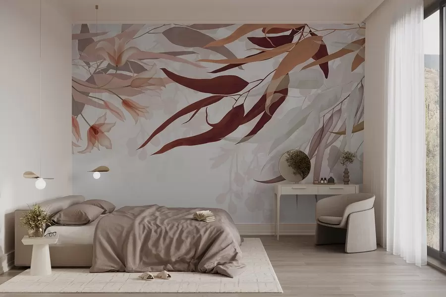 Fototapeta Liście eukaliptusa w odcieniach bordo, beżu i bieli z delikatnymi kwiatami i gałązkami na białym tle w08887