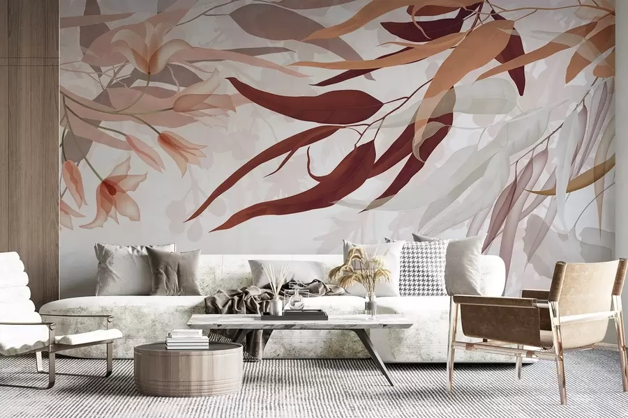 Fototapeta Liście eukaliptusa w odcieniach bordo, beżu i bieli z delikatnymi kwiatami i gałązkami na białym tle w08887