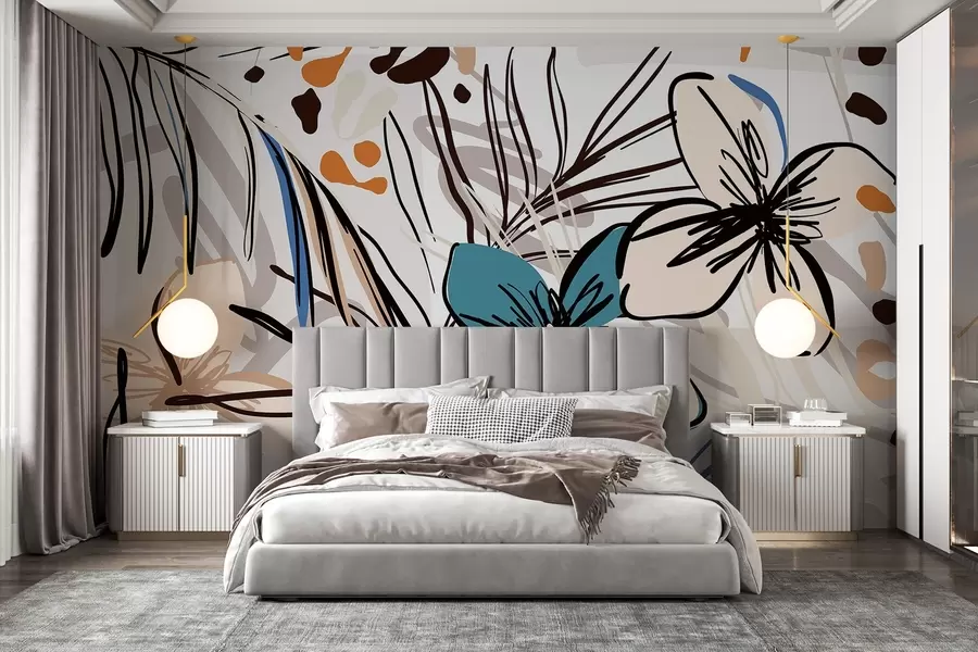 Fototapeta Nowoczesny abstrakcyjny nadruk z tropikalnymi liśćmi palmowymi, niebieskimi i beżowymi kwiatami, czarnymi liniami, jasnym tłem w08889