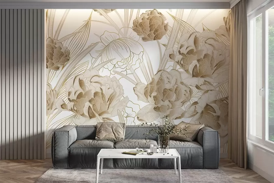 Fototapeta Beżowe piwonie z liśćmi na białym tle, kwiatowy wzór, ilustracja botaniczna  w08897