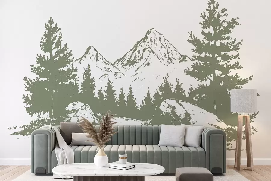 Fototapeta Alpy, góry z lasem, rysunek liniowy, kolor zielony w03342v1