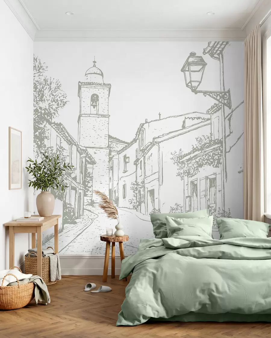 Fototapeta Ulica miasta, piękna architektura, budynki, śródziemnomorski, rysunek linii, kolor oliwkowy w03345