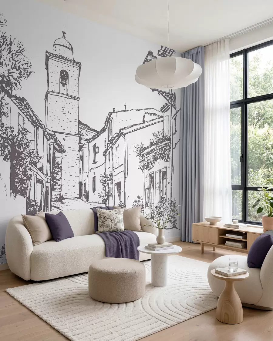 Fototapeta Ulica miasta, piękna architektura, budynki, śródziemnomorski, rysunek linii, beżowy kolor w03345v1