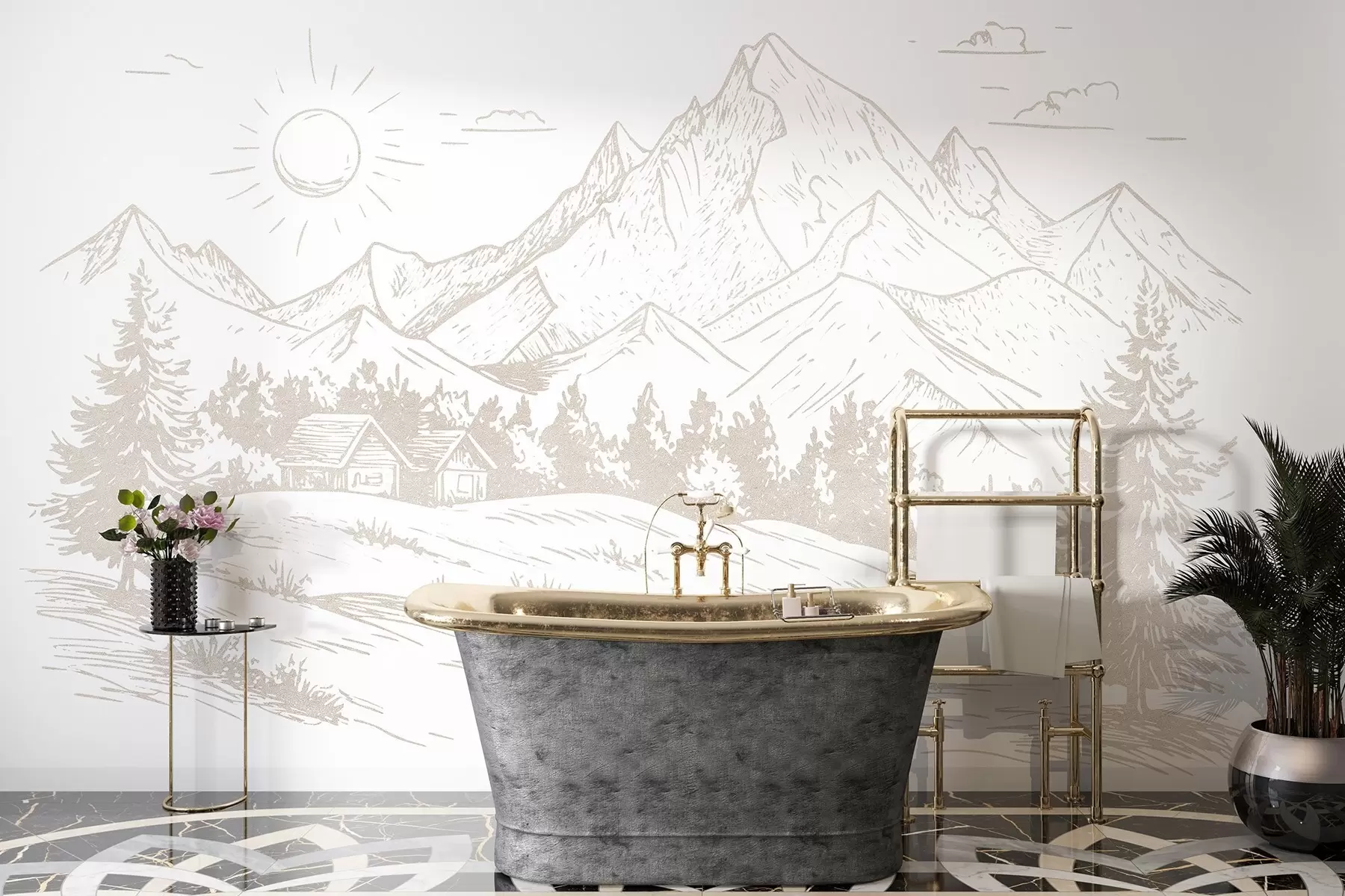 Fototapeta Rysunek gór, krajobrazy natury, las, drewniane domy, beżowy kolor w03348