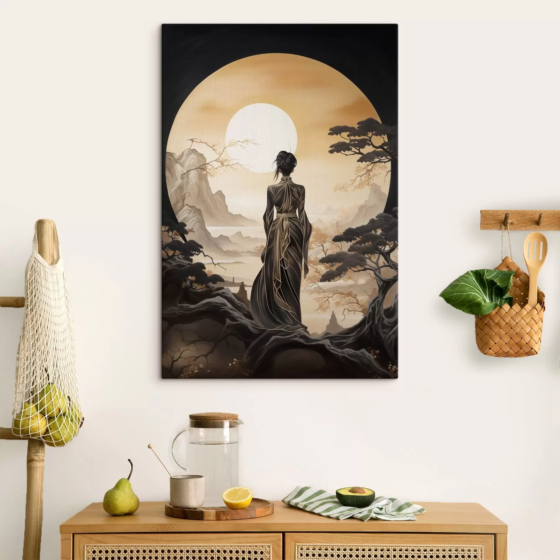 Obraz Ludzie, Japonia, dziewczyna o zachodzie słońca na tle sakury i gór s43256