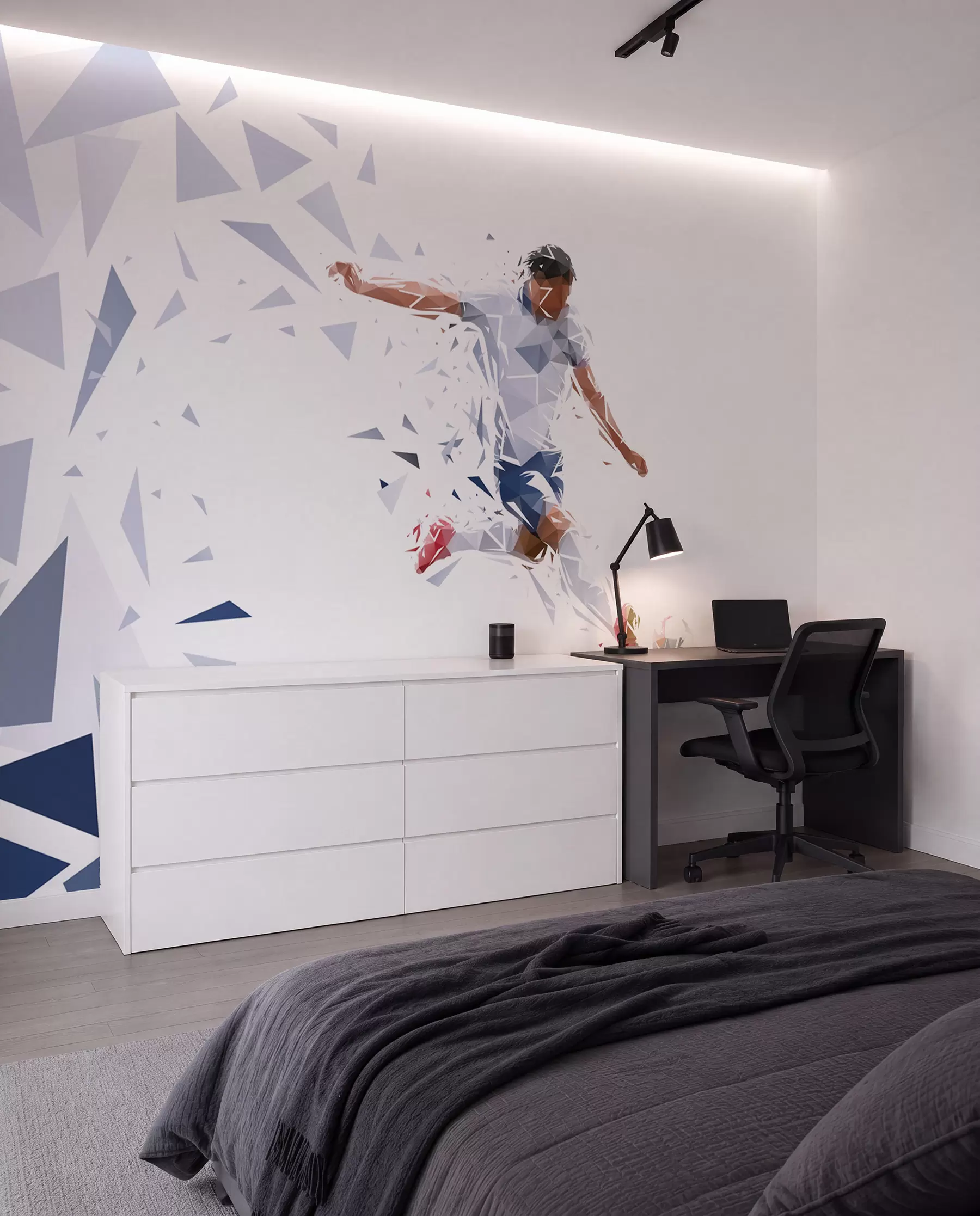 Fototapeta Dynamiczny piłkarz w stylu low-poly, uderzający piłkę w03289