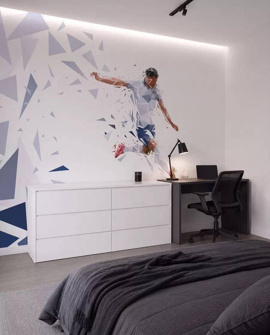 Fototapeta Dynamiczny piłkarz w stylu low-poly, uderzający piłkę w03289