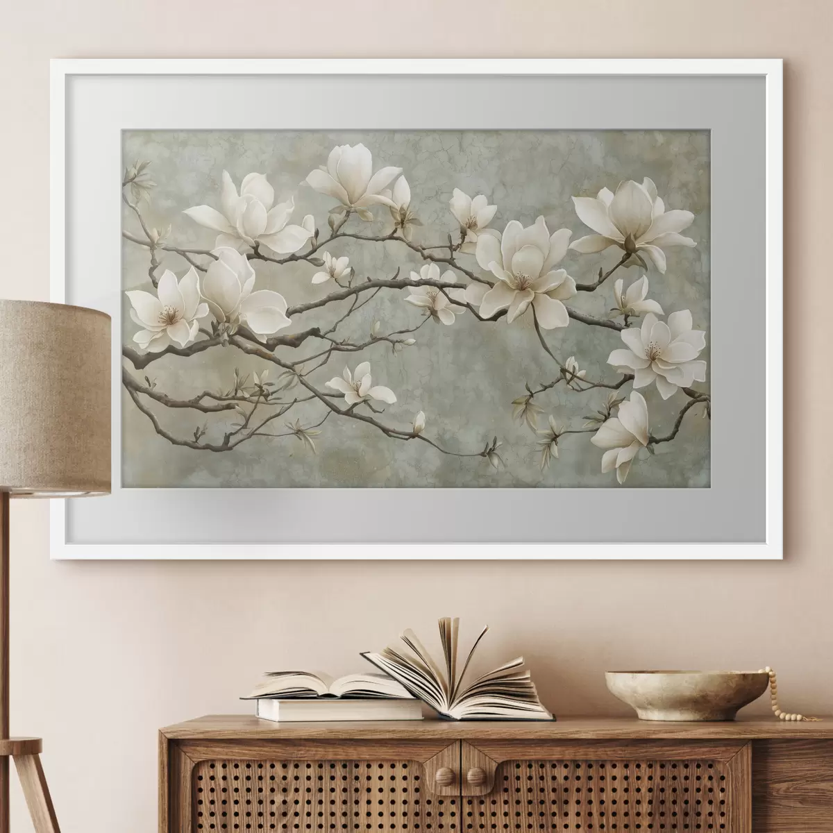 Plakat Gałązka magnolii na pastelowym grunge'owym tle f43322