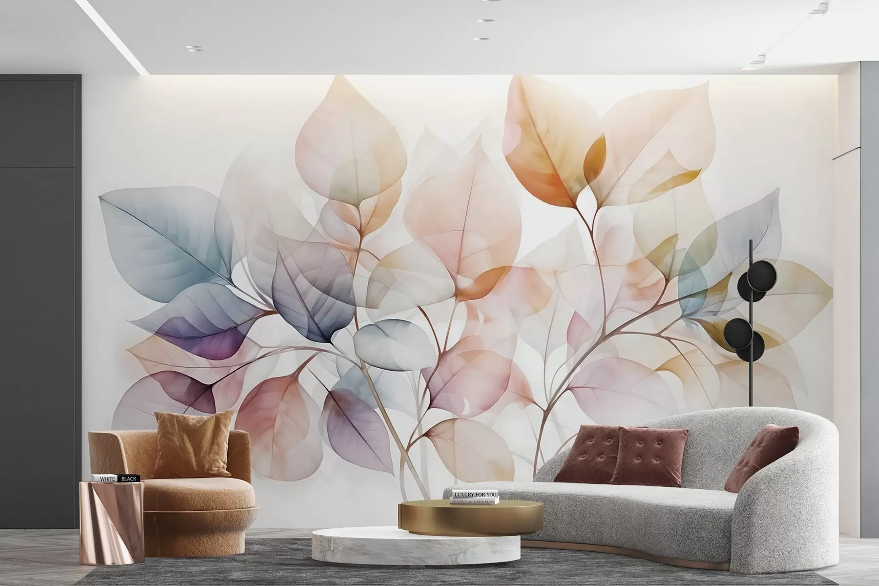 Fototapeta Akwarela przedstawiająca półprzezroczyste liście w pastelowych kolorach, z odcieniami różu, bieli, fioletu i błękitu w08910