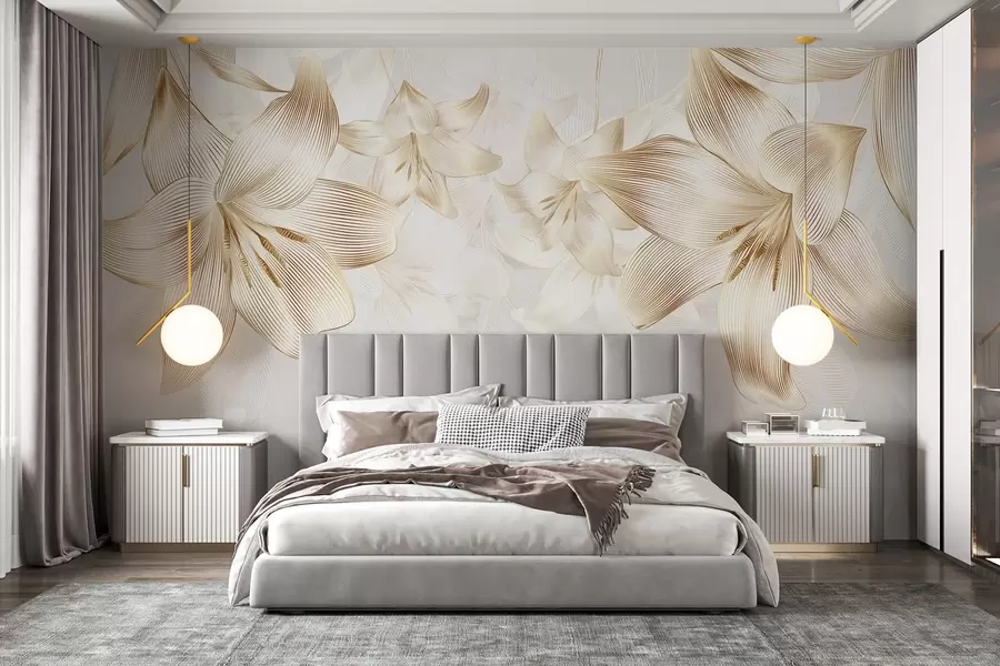 Fototapeta Żółte lilie z misternymi detalami, elegancka kompozycja kwiatowa, neutralna paleta kolorów w08912