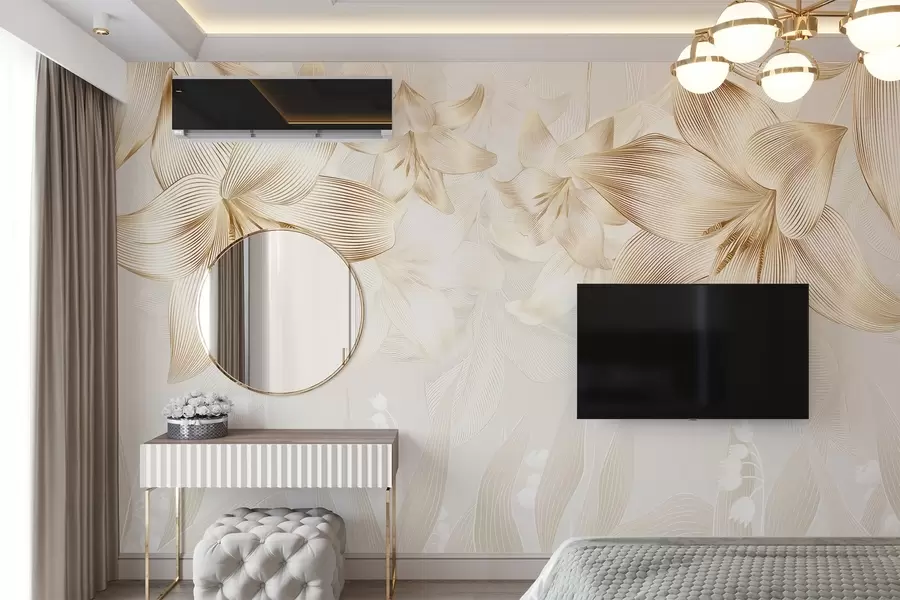 Fototapeta Żółte lilie z misternymi detalami, elegancka kompozycja kwiatowa, neutralna paleta kolorów w08912