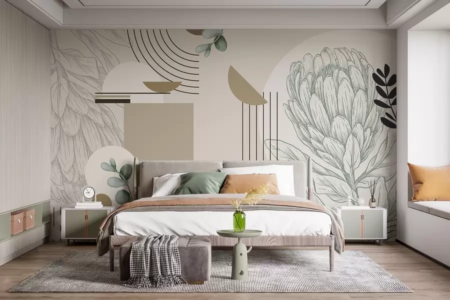 Fototapeta Abstrakcyjny nadruk botaniczny z kwiatem protei, liśćmi eukaliptusa, geometrycznymi kształtami w minimalistycznym stylu, pastelowe kolory w08914