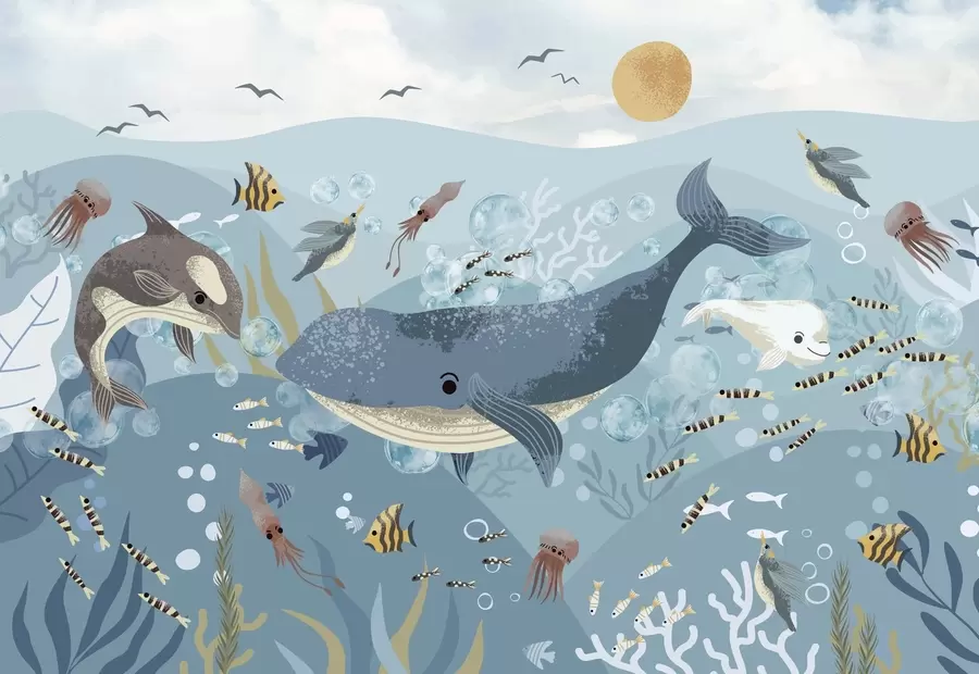 Fototapeta Ilustracja dla dzieci z niebieskim wielorybem otoczonym rybami, kałamarnicami, meduzami w błękitnym oceanie z bąbelkami w08921