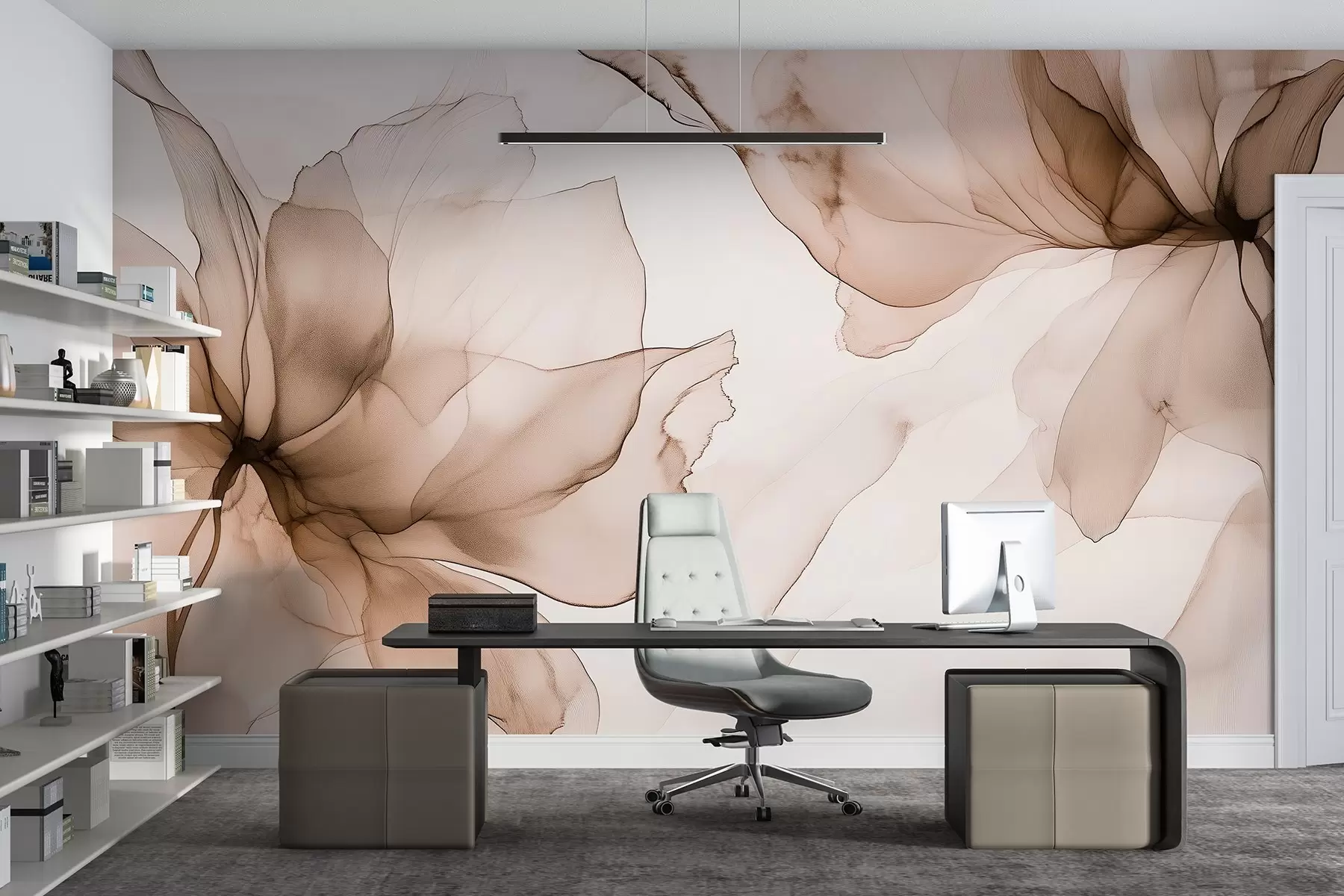 Fototapeta Kwiaty w płynnym stylu, kwiatowa abstrakcja, akwarela, beżowa paleta kolorów  w03406v3