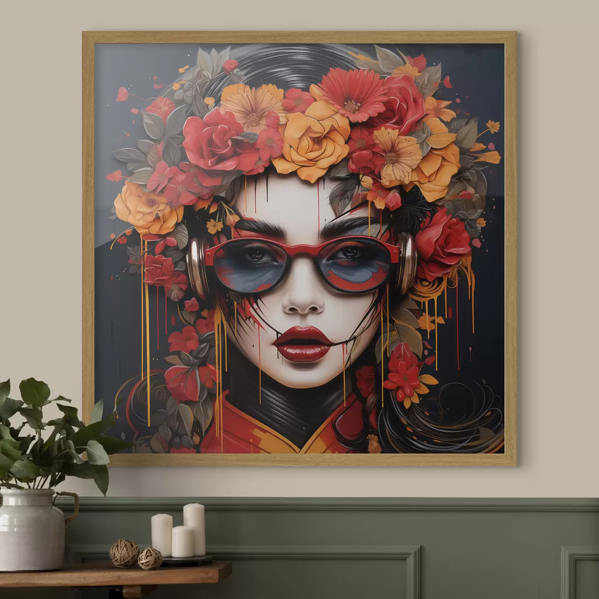 Plakat Kobieta z kwiatami na głowie, styl street artu f43362