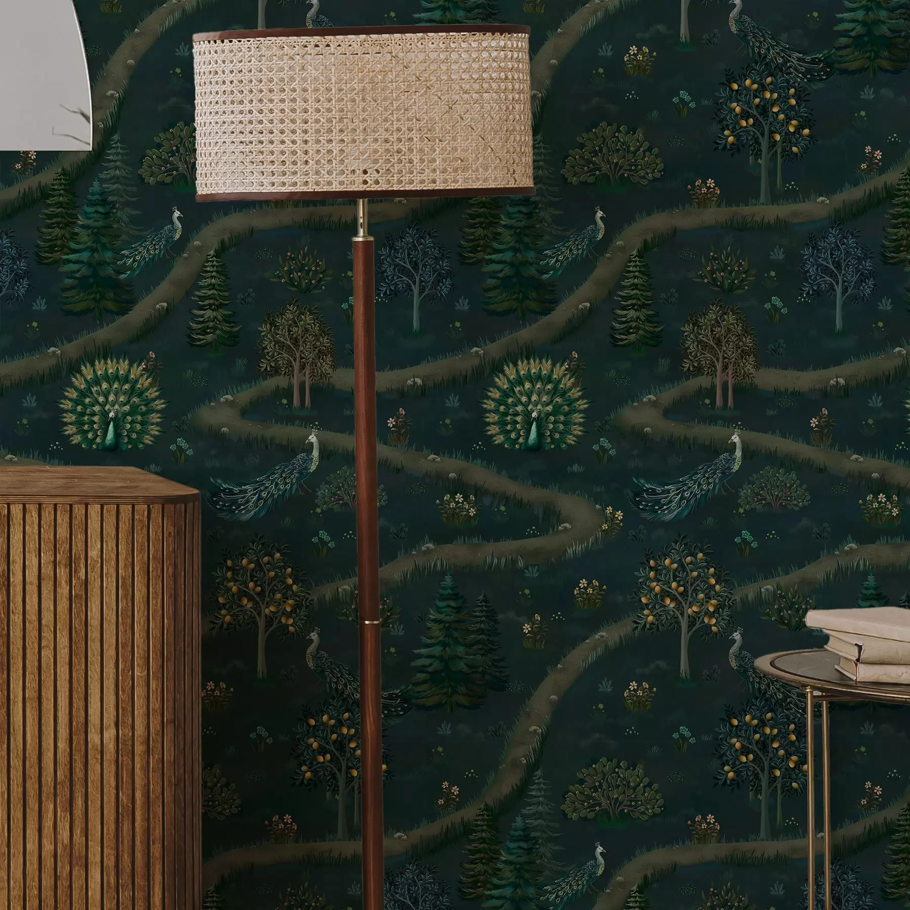 Fototapeta Kręta ścieżka z pawiami i drzewami cytrynowymi na ciemnym tle a00041v1