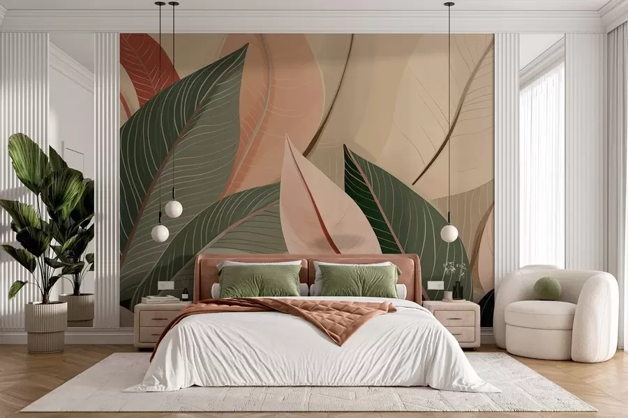 Fototapeta Zbliżenie liści w kolorach oliwkowej zieleni i różowo-kremowym w08944