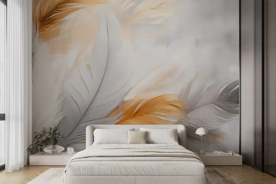 Fototapeta Szare i żółte pióra na szarym tle w08937