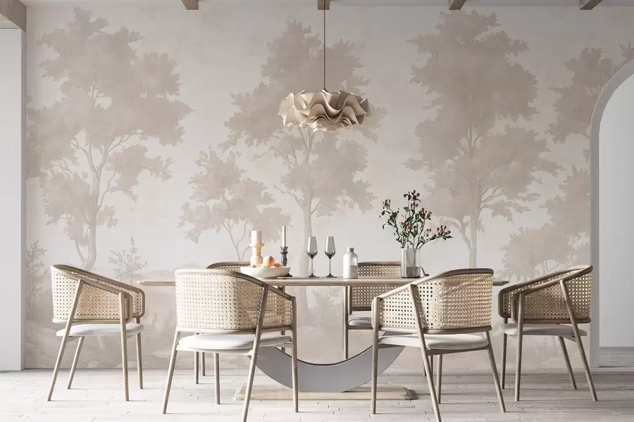 Fototapeta Drzewa na wzgórzu, pastelowy rysunek, beżowe kolory, rustykalny w03550